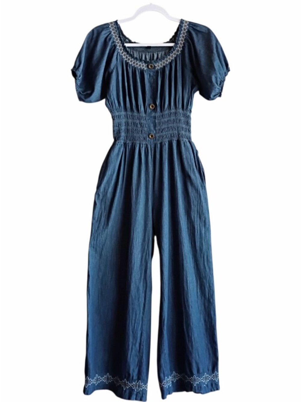 INDIGO & LACE Women's Denim Jumpsuit Smocked Waist Wide Leg Puff Sleeve MEDIUM